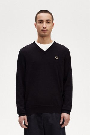 Fred Perry Classic V-Neck Men's Sweaters Black | WHO-851670