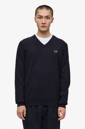 Fred Perry Classic V-Neck Men's Sweaters Navy | GEF-138250