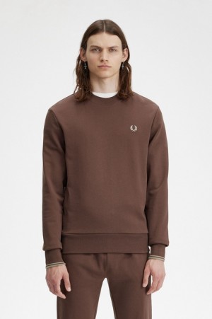 Fred Perry Crew Neck Men's Sweatshirts Chocolate | YRI-983245