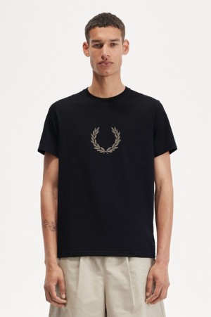 Fred Perry Flocked Laurel Wreath Men's T Shirts Black | ZGR-629137