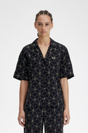 Fred Perry Geometric Print Women's Shirts Black | POH-819204