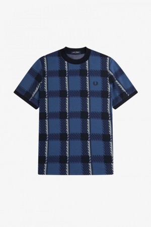 Fred Perry Glitch Tartan Men's T Shirts Blue | SIZ-498503