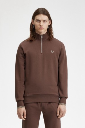 Fred Perry Half Zip Men's Sweatshirts Chocolate | BWJ-051963