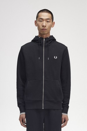 Fred Perry Hooded Zip Through Men's Sweatshirts Black | ZTG-259487