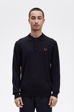 Fred Perry Long Sleeve Knitted Men's Shirts Navy | ZXF-205836