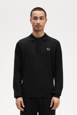 Fred Perry Long Sleeve Knitted Men's Shirts Black | UWG-481705