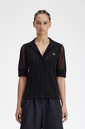 Fred Perry Open-Knit Button-Through Women's Shirts Black | GKF-975218