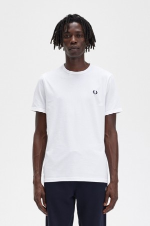 Fred Perry Ringer Men's T Shirts White | ARK-183260