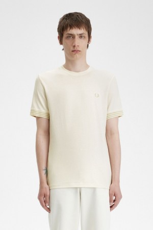 Fred Perry Striped Cuff Men's T Shirts White | CTN-647283