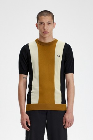 Fred Perry Striped Fine Knit Men's T Shirts Black | OGS-935104