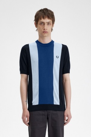 Fred Perry Striped Fine Knit Men's T Shirts Navy | ETZ-143975