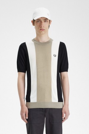 Fred Perry Striped Fine Knit Men's T Shirts Black | BXV-423165