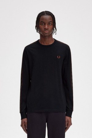 Fred Perry Taped Long Sleeve Men's T Shirts Black | OGI-648129