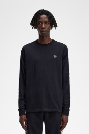 Fred Perry Taped Long Sleeve Men's T Shirts Black | MOP-047861