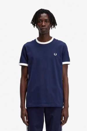 Fred Perry Taped Ringer Men's T Shirts Blue | SZW-258473