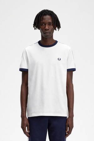 Fred Perry Taped Ringer Men's T Shirts White | QVP-196270