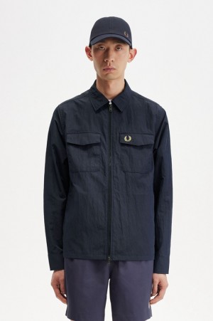 Fred Perry Textured Zip-Through Men's Jackets Navy | QCB-795043