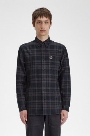 Fred Perry Tonal Tartan Men's Shirts Black | UFZ-745603