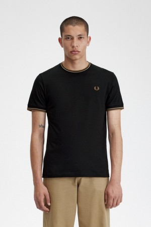 Fred Perry Twin Tipped Men's T Shirts Black | ZAX-045372