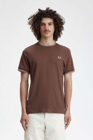 Fred Perry Twin Tipped Men's T Shirts Chocolate | BRF-493256