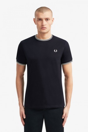 Fred Perry Twin Tipped Men's T Shirts Navy | SLD-714503