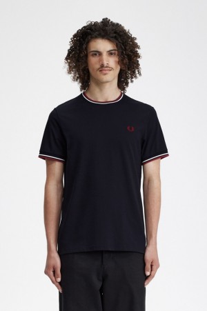 Fred Perry Twin Tipped Men's T Shirts Navy | JOD-510394