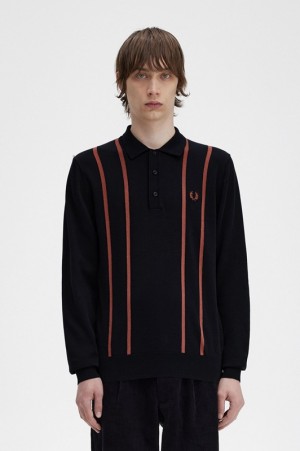 Fred Perry Vertical Stripe Knitted Men's Shirts Black | XOY-657380