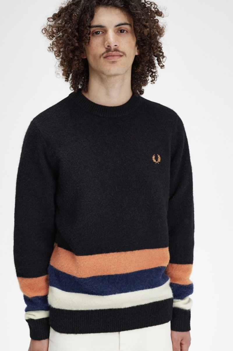 Fred Perry Alpaca Blend Stripe Men's Sweaters Black | OXK-809236