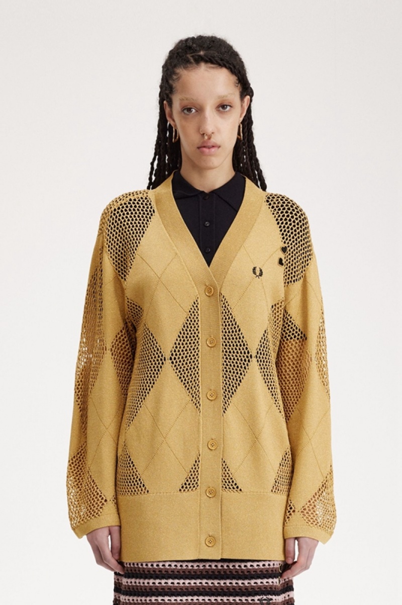 Fred Perry Argyle Knitted Women\'s Cardigan Gold | IAU-654728