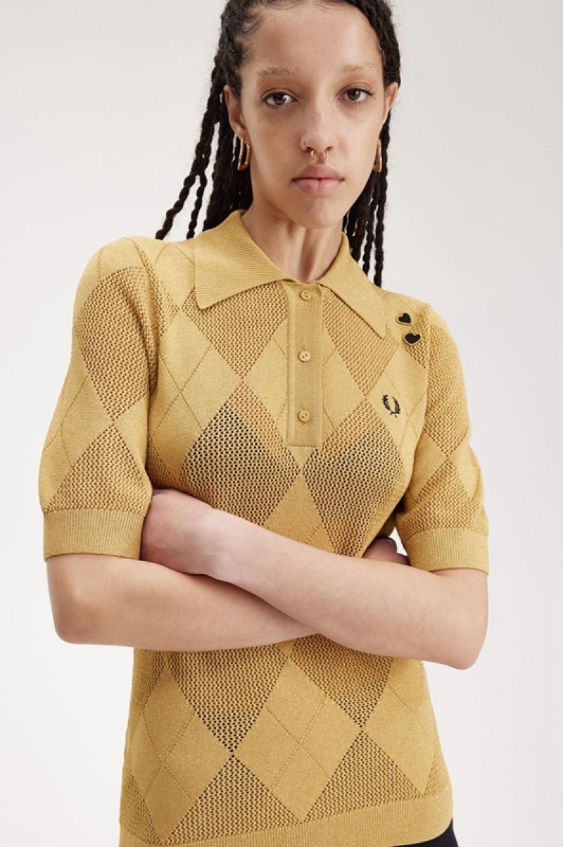 Fred Perry Argyle Knitted Women's Shirts Gold | RIG-259186