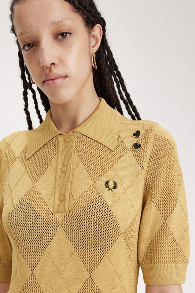 Fred Perry Argyle Knitted Women's Shirts Gold | RIG-259186