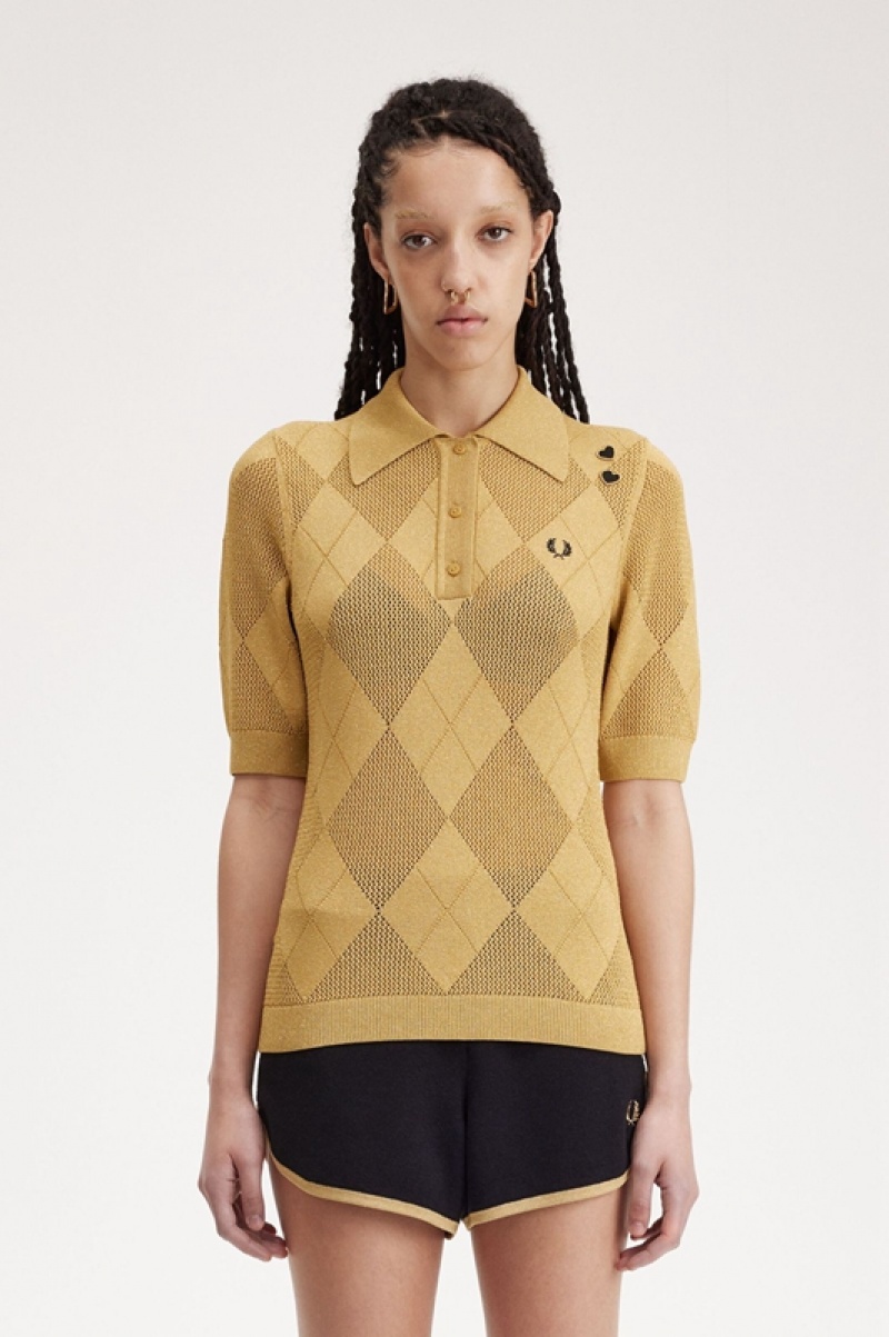 Fred Perry Argyle Knitted Women\'s Shirts Gold | RIG-259186