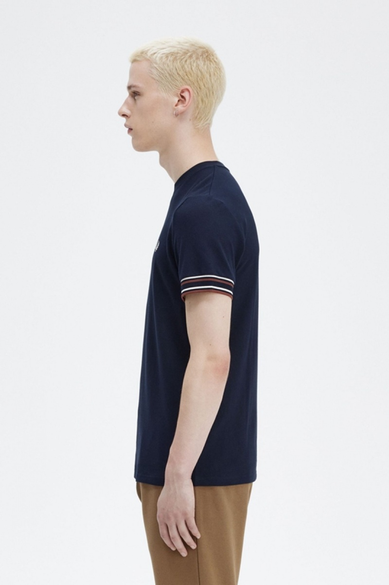 Fred Perry Bold Tipped Piqué Men's T Shirts Navy | SXA-120697