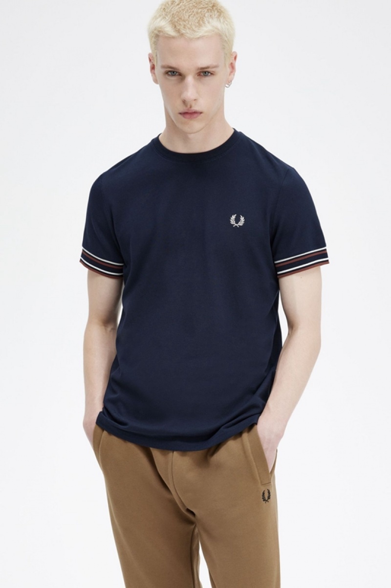 Fred Perry Bold Tipped Piqué Men's T Shirts Navy | SXA-120697