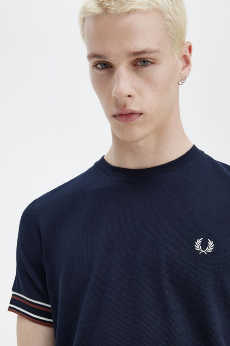 Fred Perry Bold Tipped Piqué Men's T Shirts Navy | SXA-120697