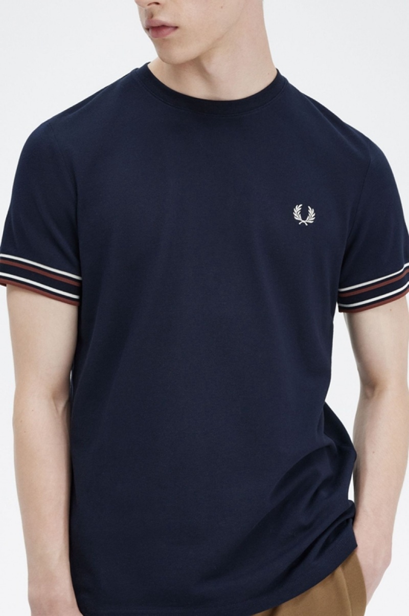 Fred Perry Bold Tipped Piqué Men's T Shirts Navy | SXA-120697