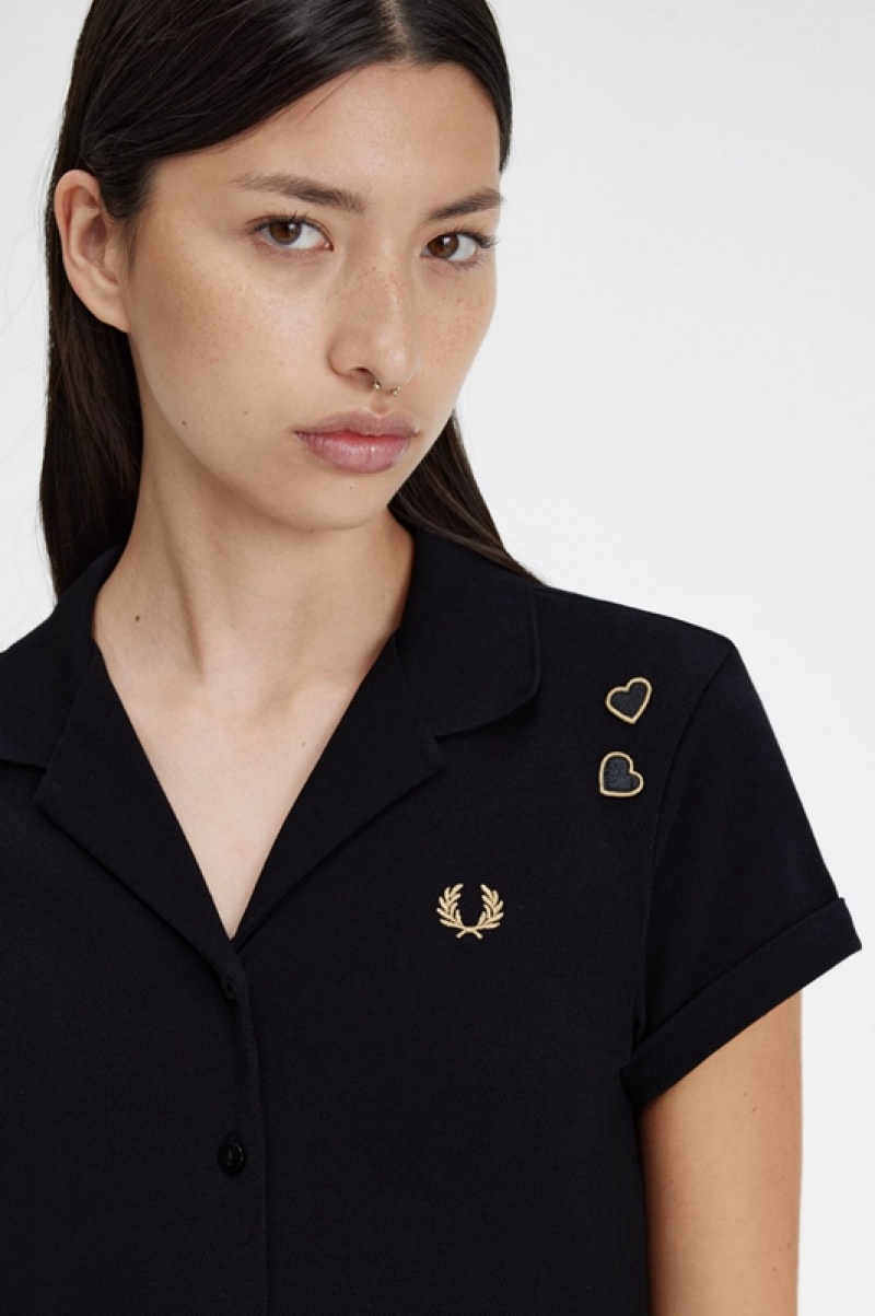 Fred Perry Button Through Pique Women's Dress Black | RIG-354697