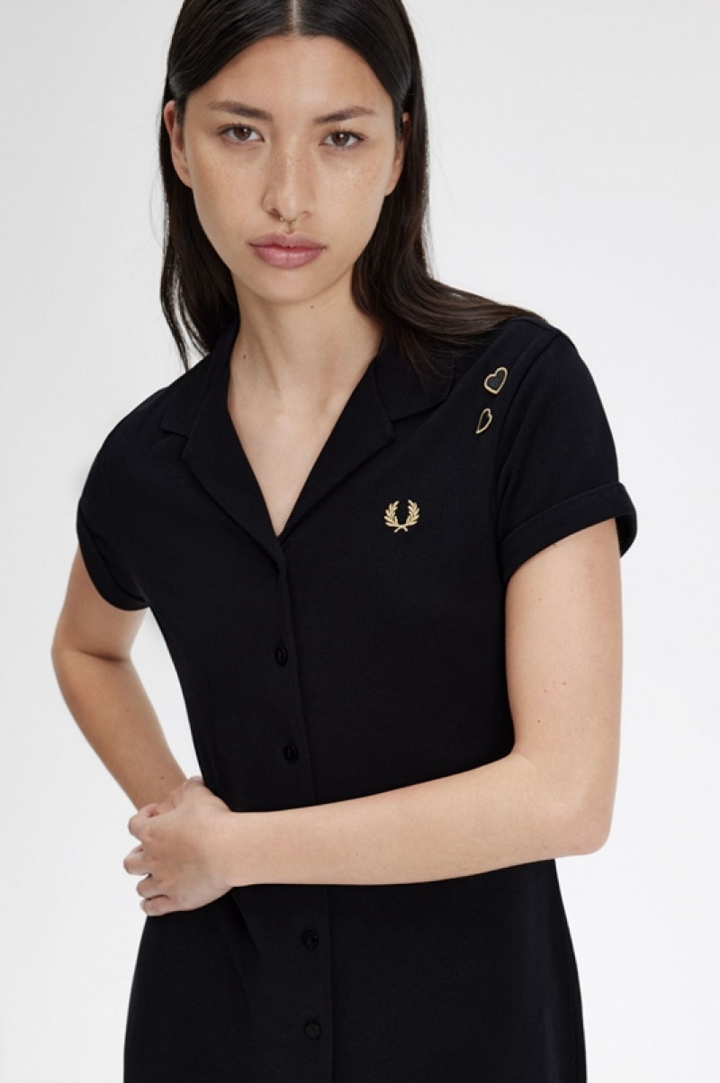 Fred Perry Button Through Pique Women's Dress Black | RIG-354697