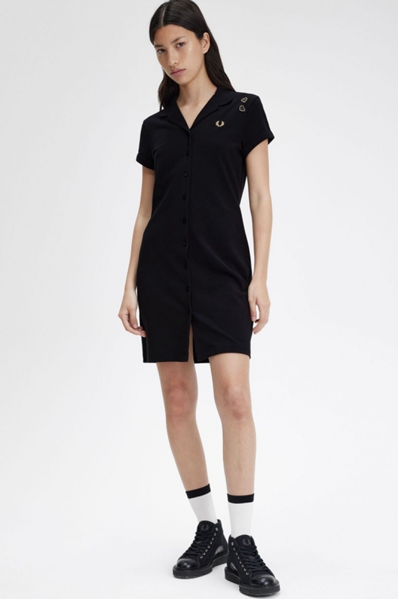 Fred Perry Button Through Pique Women's Dress Black | RIG-354697