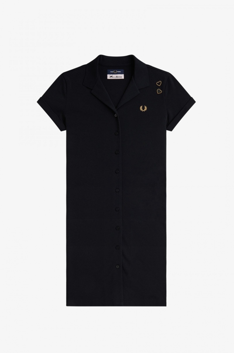 Fred Perry Button Through Pique Women's Dress Black | RIG-354697