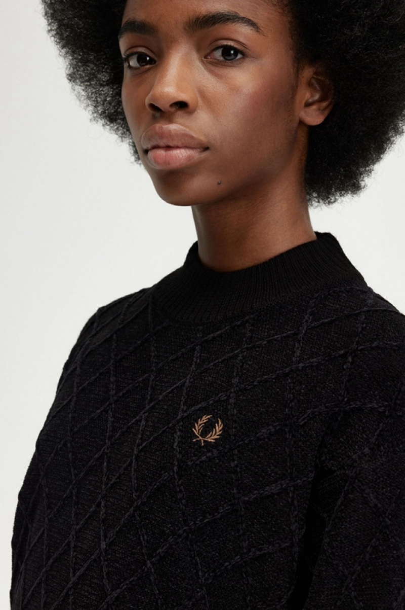 Fred Perry Chenille Grid Women's Sweaters Black | IZM-472083