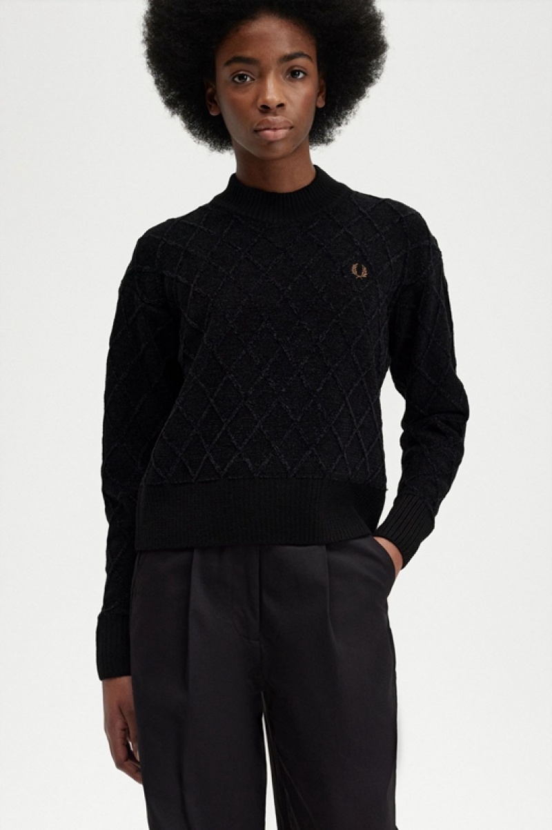 Fred Perry Chenille Grid Women's Sweaters Black | IZM-472083