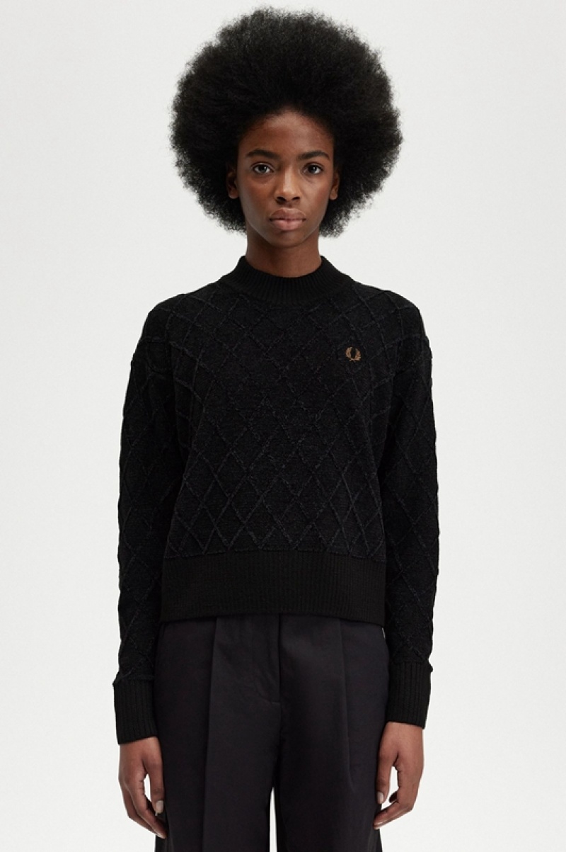 Fred Perry Chenille Grid Women\'s Sweaters Black | IZM-472083