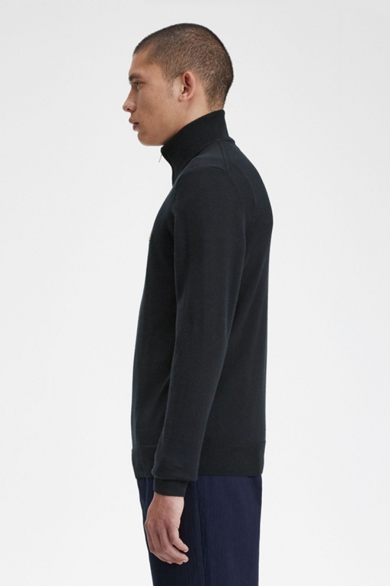 Fred Perry Classic Half Zip Men's Sweaters Black | GUR-104562