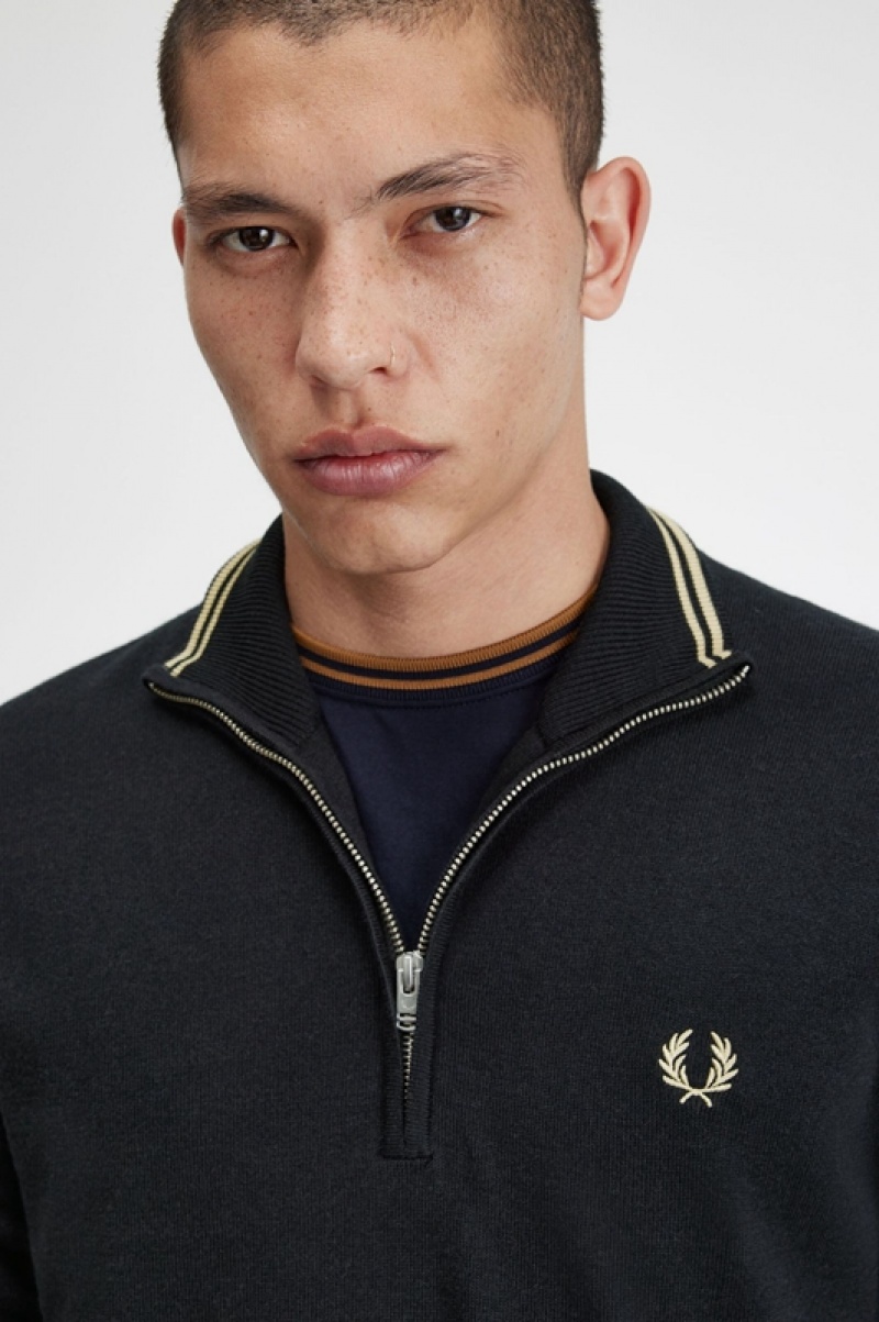 Fred Perry Classic Half Zip Men's Sweaters Black | GUR-104562