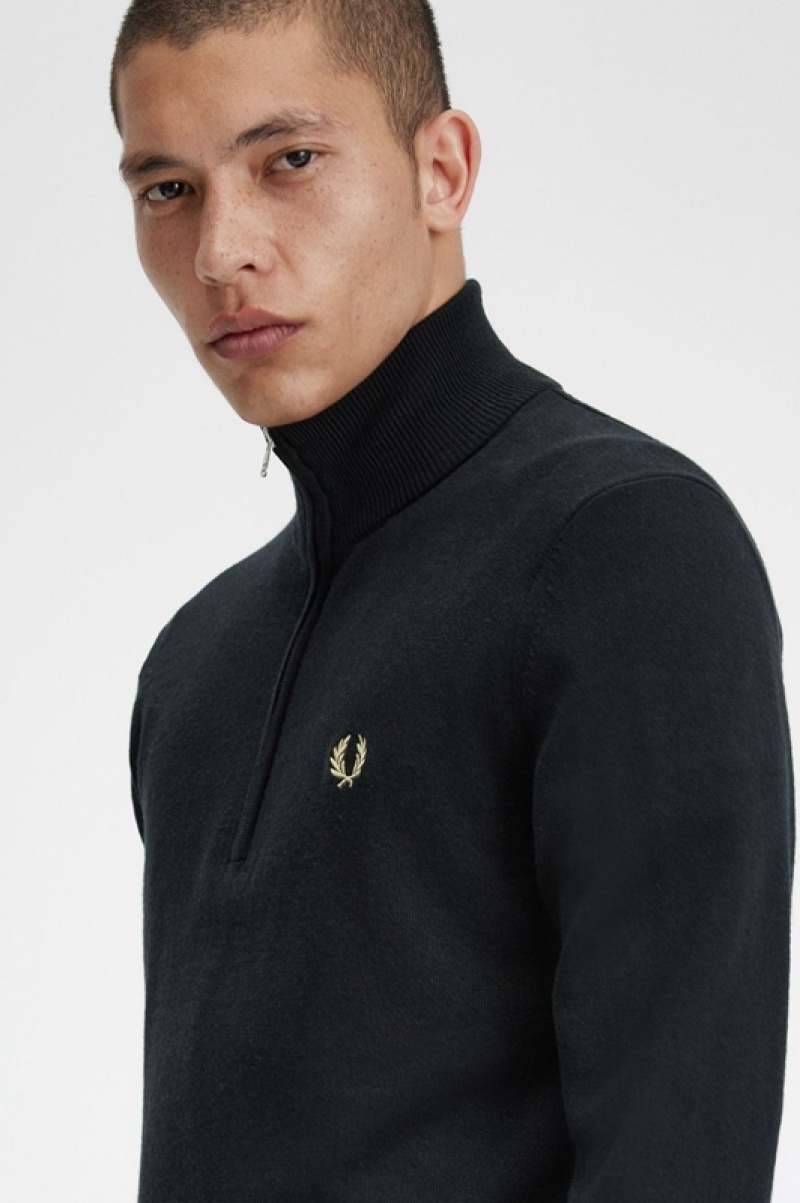 Fred Perry Classic Half Zip Men's Sweaters Black | GUR-104562