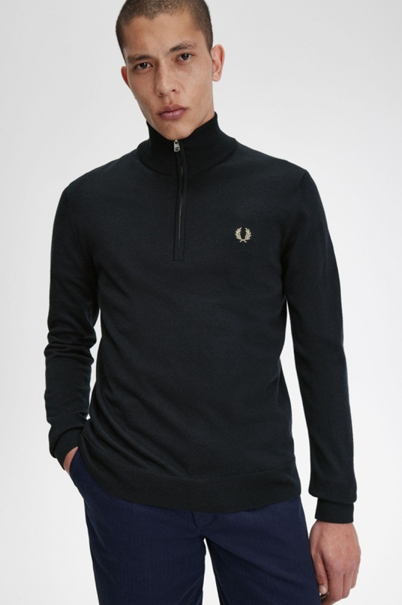 Fred Perry Classic Half Zip Men's Sweaters Black | GUR-104562