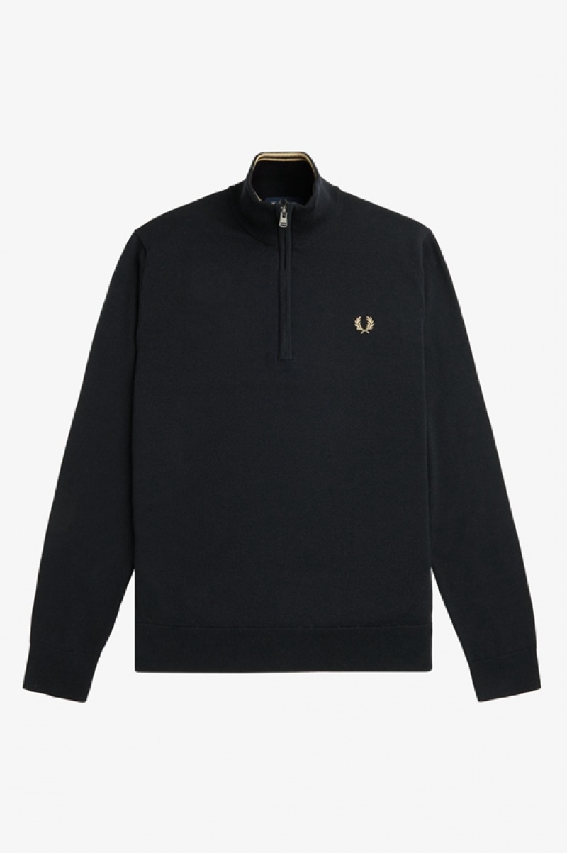 Fred Perry Classic Half Zip Men's Sweaters Black | GUR-104562