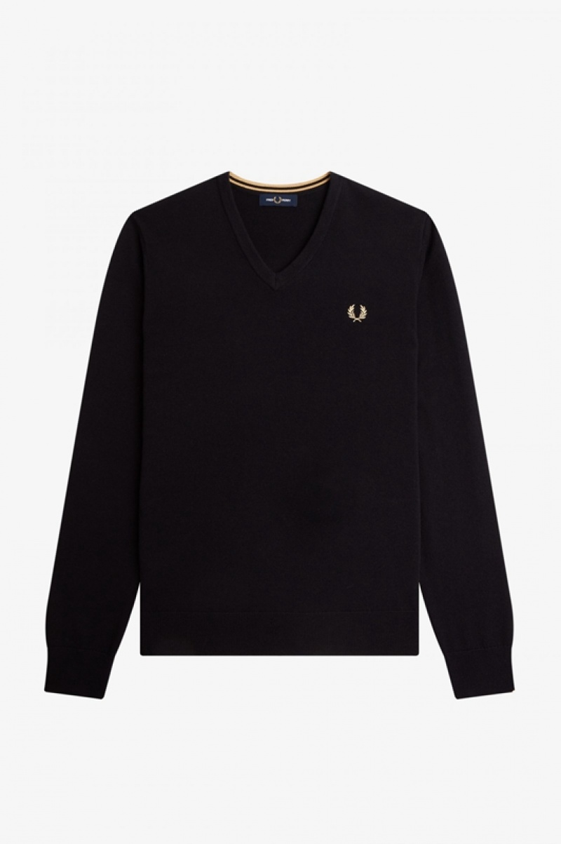 Fred Perry Classic V-Neck Men's Sweaters Black | WHO-851670