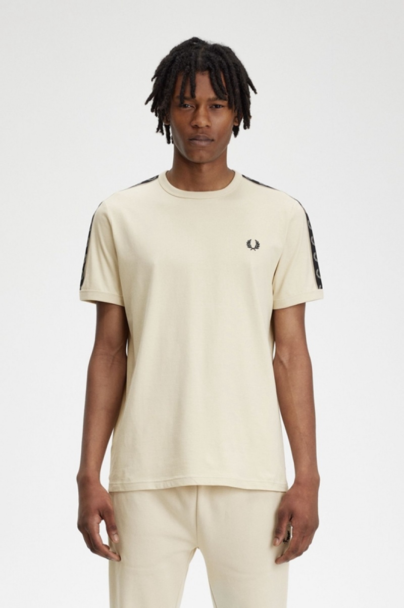 Fred Perry Contrast Tape Ringer Men\'s T Shirts Cream | DHM-854637